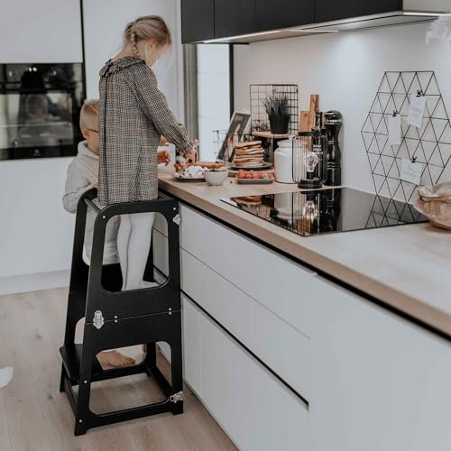 Lerntum - Küchenhelfer, Küchenstuhl für Kinder - Küchenhelfer - Lernturm, Stuhl und Tisch (Schwarz)