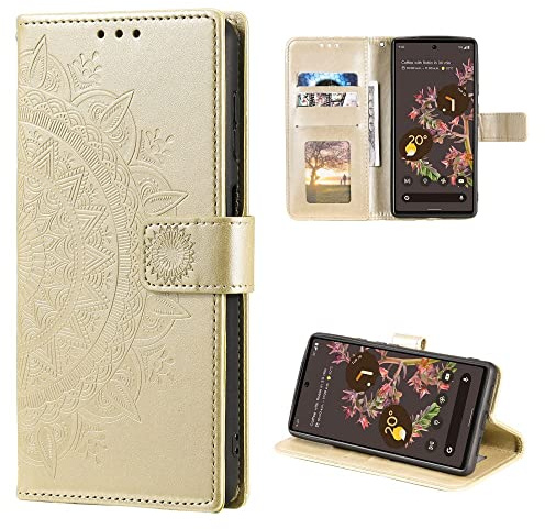 CoverKingz Handy Case kompatibel mit Google Pixel 6 - Handy Cover mit Kartenfach Phonecase - Smartphone Hülle klappbar Motiv Mandala Gold