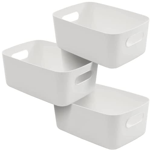SA Products Set of 3 Storage Box | White Storage Boxes With Handle | Rectangular Plastic Storage Baskets | Stylish Cupboard Organiser For Kitchen, Home, Office and Bathroom (White)