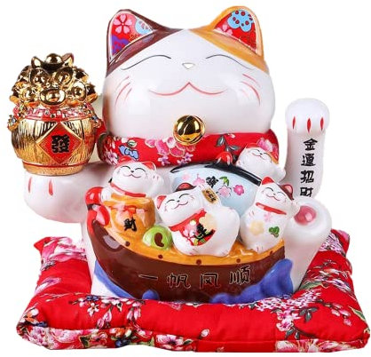 TONGMAN Maneki Neko Glückskatze aus Keramik, 17,8 cm, weiße Glückskatze (japanische Glückskatze), kunstvoll verziertes Porzellan, bestes Geschenk für Geschäftseröffnung