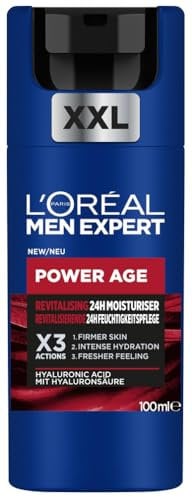L'Oréal Crema hidratante para hombre, Antiarrugas y antienvejecimiento, Con ácido hialurónico hidratante para el envejecimiento, Para pieles secas y apagadas, Men Expert Power Age, 100ml
