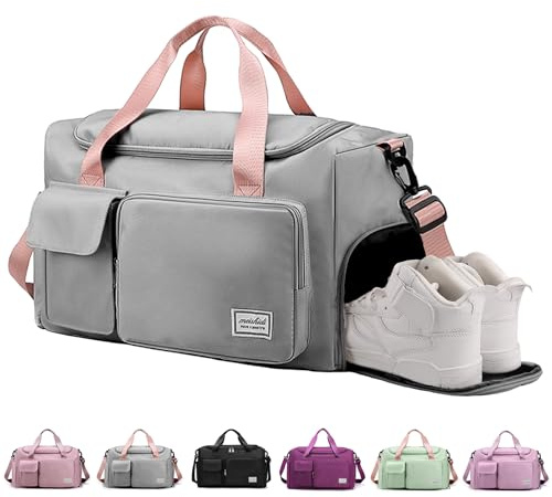 RainFlowwer Travel Duffel Bag Women Men,Sports Gym Bag with Shoes Compartment,Waterproof Travel Bag Overnight Bag with Dry Wet Separated Pocket,Carry Luggage Bag Weekender,Sports,Gym,Travel(Grey&Pink)