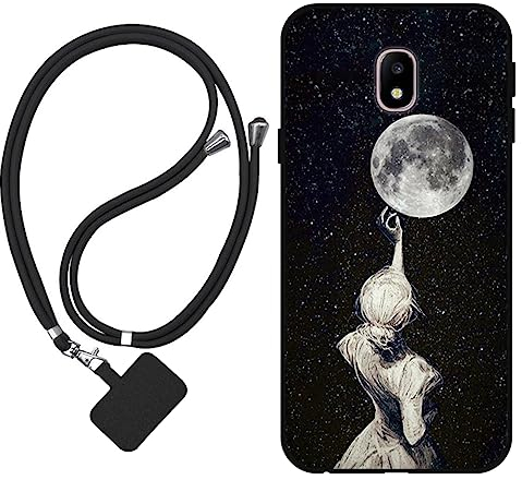 Sunrive Hülle Kompatibel mit Samsung Galaxy J3 2017 Case,matt Handyhülle Schutzhülle Etui TPU Backcover (Rückenschatten,Mond,Sterne) +1x Universale Handykette
