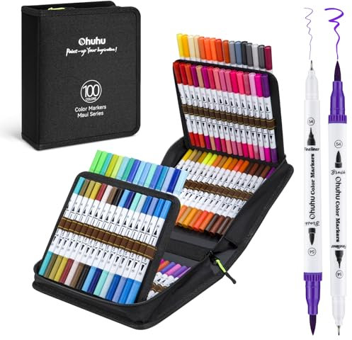 Ohuhu Colouring Pens 100 Colours, Dual Tip Brush Pens Felt Tip Pens, Art Markers with Fineliner, for Kids Adults Colouring Book Drawing Calligraphy Sketching Journal, Maui - Carrying Bag