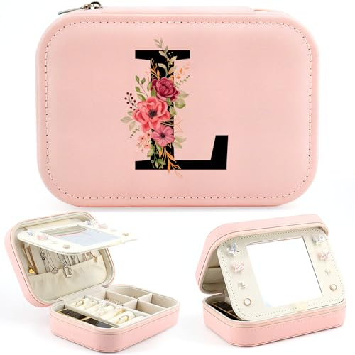 Initiale Schmuckkästchen Mädchen Geschenke, Klein Schmuckschatulle mit Buchstaben L, Reise Schmuckkasten mit Spiegel, Geschenk für Damen Mädchen Freund, Geschenke für Geburtstage, Weihnachten