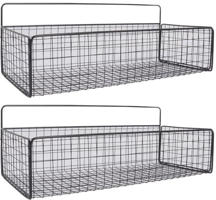 Gzsekken Wall Storage Basket 2 Pack Black Metal Wire Storage Baskets No Drill installation Bathroom Basket Small Pantry Baskets for Cabinets, Pantry, Closets,Bathroom, Kitchen,Bedroom