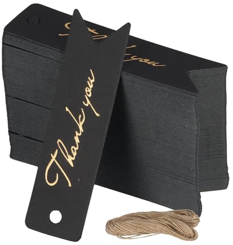100 Pcs Geschenkanhänger 7x2cm, Kraftpapier Dankeschön Anhänger mit 20m Schnur, Etiketten Anhänger Personalisiert Preisetiketten, Papieranhänger Beschriften Geschenke Hochzeitsdeko, 300gsm (Schwarz)