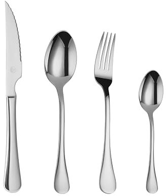 Mr.Spoon Serie Liso Juego de 24 piezas cubiertos para 6 personas,acero inoxidable, con cuchillo,tenedor, cuchara,18/0, apto para lavavajillas,Para Casa, Hotel,Restaurante (CON CUCHILLO CARNE)