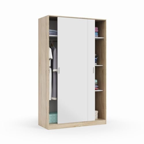 möbelando Schwebetürenschrank >TOP< in Canadian Eiche/Artik Weiß (120 x 200 x 50 cm) bietet modernen Stauraum mit 2 Türen, 5 Fächern und Einer herausnehmbaren Kleiderstange