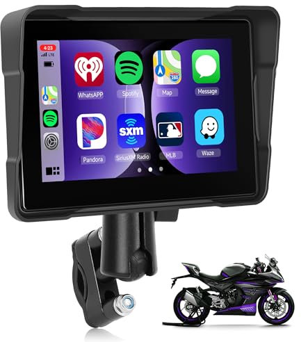 Rimoody Pantalla Motocicleta Portátil Carplay Inalámbrica, 7 Pulgadas Pantalla Táctil HD Radio de Coche, IP67 Impermeable Android Auto Airplay/Android Cast/Dual Bluetooth/Control de Voz/TF/USB/EQ/SD