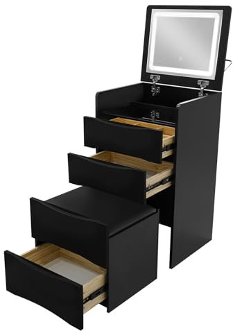 YISSALE Waschtisch mit Schminkhocker Badmöbel Set Kosmetiktisch Flip-Top-Spiegel mit Beleuchtetem& Schubladen Schminktisch Freistehend