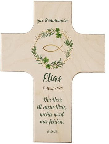 Striefchen® Personalisiertes Holzkreuz zur Taufe, Kommunion oder Konfirmation – Bedruckt mit Name & Datum – Verschiedene Motive – Individuelle Geschenkidee (Fisch, 14 cm x 19 cm x 1,5 cm)
