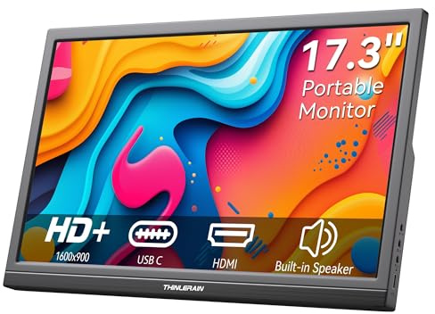 Thinlerian 17,3 Zoll Tragbar Monitor, 1600 x 900 HD Bildschirm mit USB-C und HDMI, Zwei Lautsprechern, als externes Display oder zweiter Bildschirm für Laptop, PC und Smartphone