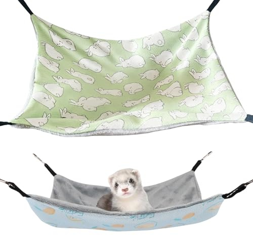 GIUSOBG 2 PCS Animaux de Compagnie Hamac Vert et Bleu Rat Accessoires Cage | Réversible Toutes Saisons Style Dessin Animé Respirant Convient aux Cochons d'Inde Ecureuils Volants Furets (Vert et Bleu)