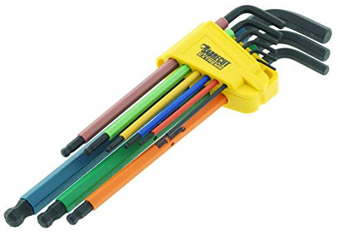 9-teiliger metrischer Inbusschlüsselsatz SabreCut SCHEX009B weicher Griff schwarzes Oxid extra langer Sechskant Sechskant-Diamant Hex Plus mit Farbcodierung – 1,5mm – 10mm