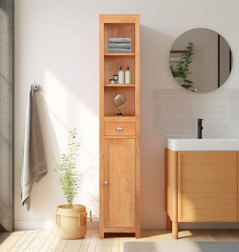 Hallowood Furniture Waverly Oak Bathroom Storage Unit with Drawer and Open Shelves, Narrow and Freestanding Tall Slim Bathroom Cabinet, Display Cabinets for Small Spaces & Hallways