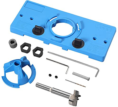 Neoteck Gabarit de Perçage Charnière Invisible 35 mm Gabarit de Trou Charniere Guide de Perçage Charniere avec Anneau de Limite Tige de Positionnement Perceuse Clé pour Menuiserie -Bleu