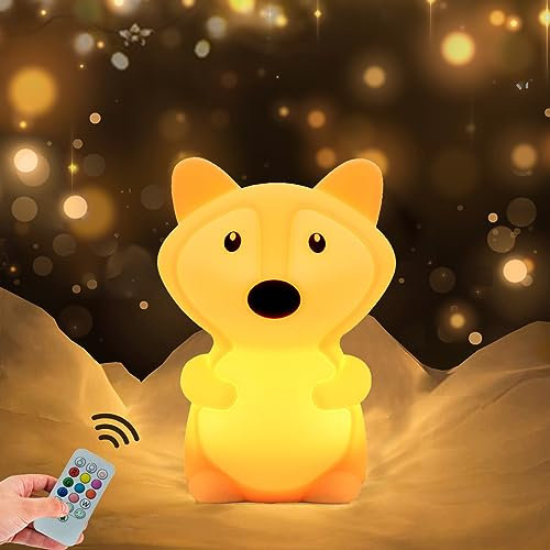 WHA&DARREN Nachtlicht Kinder Fuchs Nachtlicht Baby Nachttischlampe stilllicht dimmbar Kinderzimmerlampe Tragbare Silikon Nachtlampe mit Fernbedienung/Touch Steuerung/Geschenk Nachtlicht Baby