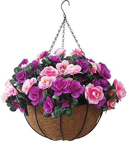 Home Accessories Rosa Lila Rhododendron DIY Künstliche Blumen Azaleen Fake Silk Blumen Niedliche Kette Hängekorb Blumentopf Innen und Außen (Kleiner Korb)