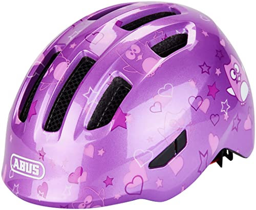 ABUS Kinderhelm Smiley 3.0 - Fahrradhelm mit tiefer Passform, kindergerechten Designs & Platz für einen Zopf - für Mädchen und Jungs - Violett mit Eulen-Muster, Größe M