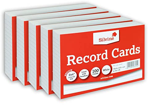 Silvine Record Card Bulk Pack of 500 | 5 x 100 6x4” White Lined with Headline Record Cards – Size Medium 152 x 102mm – A6