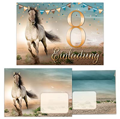 Junapack 12 Einladungskarten incl. 12 Umschläge zum 8. Kindergeburtstag achte Geburtstag Mädchen Pferd