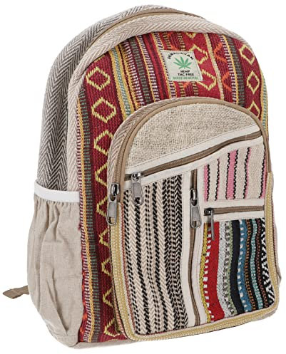 GURU SHOP Bunter Ethno Hanf Rucksack - Beige/rot, Unisex - Erwachsene, 35x24x15 cm