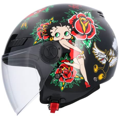 Casque Moto Jet ECE Homologué Casque La Betty Noir Taille S (55/56) Casque de moto pour homme Casque femme