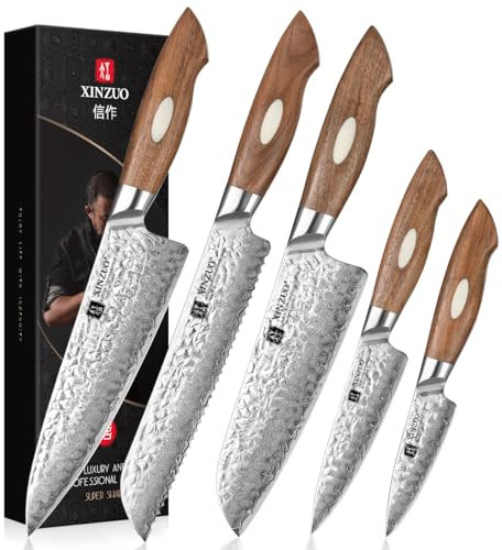 XINZUO AUS-10 Damaststahl Küchenmesser Set 5er, Japanischer Stahl Messerset Profi Hammerschlagoberfläche Kochmesser Set, Chef Santoku Brot Universal Obstmesser mit Schwarz Walnuss Holzgriff