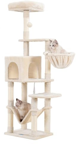 Hey-brother Kratzbaum, 154 cm Stabil Katzenbaum, Katzenkratzbaum mit Sisalseil, Hängematte, Korb, Haus and Plattform, Beige EMPJ050M