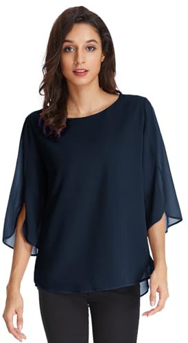 GRACE KARIN Ladies Elegant Loose Chiffon Blouse 3/4 Sleeves Tops Crew Neck T-Shirt for Summer Dark Navy XL