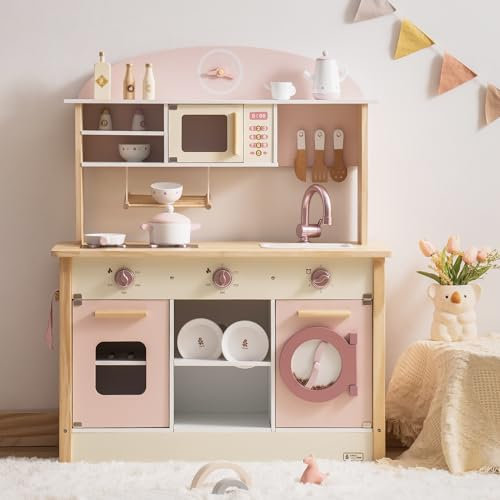 ROBUD Cucina in legno per bambini e bambine dai 3 anni in su, gioco di ruolo, set di accessori da cucina, rosa, grande
