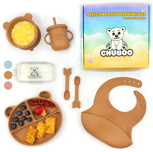CHUBOO | Set Pappa Svezzamento Neonati | Bavaglino Silicone | Piatto con Ventosa per Bambini | Ciotola Svezzamento | Tazza |2x Cucchiaino Silicone Neonato | Porta Posate Bambini | Prima Pappa Marrone