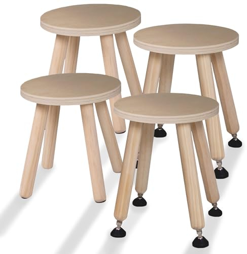 Cateam Tritthocker aus Holz für Kinder und Kleinkinder – 4er-Set – Natur – Kinderhocker mit ausziehbaren Beinen – sensorischer Tischhocker – runder Sitzhocker für Kinder mit Nivellierfüßen