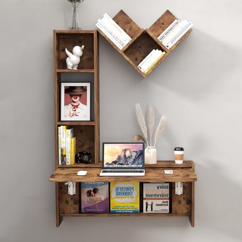 Bixiaomei Folding Wall Mounted Drop Leaf Table, Foldable Desk with Moveable Shelves, Floating Laptop with Convertible Storage Shelves, Multifunctional Computer Workstation in Home (Rustic Brown)