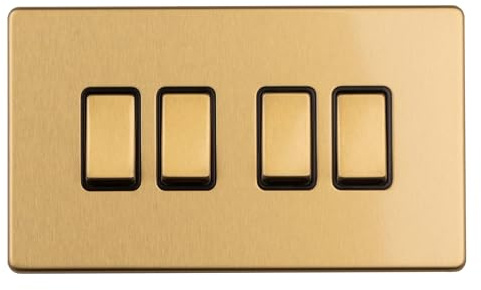 4 GANG 10AMP 2WAY SWITCH FLAT CONCEALED SATIN BRASS PLATE MATCHING ROCKERS