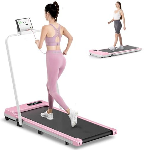 HomeFitnessCode Folding Treadmill, 2.5HP Walking Pad Motorized Electric Under Desk Treadmills for Home with LED Display & Remote, Adjustable Speed, 320LB Capacity, No Assembly (Pink with Handrail)