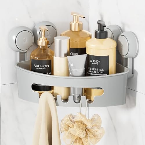 LEVERLOC Ecke Duschablage Saugnapf ohne Bohren Duschorganizer Duschregal Saugnäpfe Duschgel Halterung Abnehmbar Belastbarkeit 10 KG Wasserdicht Badregal mit Saugnapf für Shampoo und Duschgel - Grau