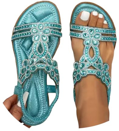 Dasongff Sandales Plates Femme Été Confortable Bohême Chaussure Antidérapant Léger Tongs Mode avec Strass Sandales Et Nu-pieds Gladiateur Chic Élégant Chaussures Plateforme Compensées
