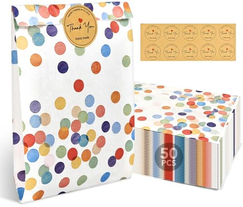 MSLHUB 50 Stück Papiertüten Kraftpapier Bunt, Geschenktüten Kindergeburtstage mit Aufkleber, Klein Mitgebsel Tüten Candy Papier für Party und Festival 17.1x12.9x3cm (Runde Punkte)