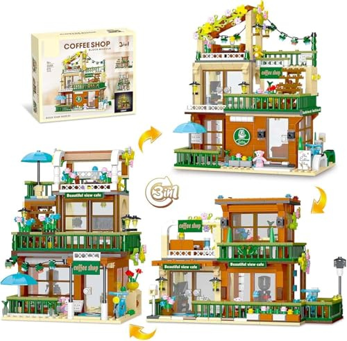 TOY PLAYER Kaffee Haus Bausteine Bausatz, 875PCS City Café Bausatz mit Licht, Street View Balkon Café Haus Architektur Klemmbausteine, Geschenk für Erwachsene