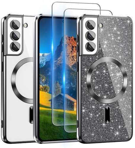 Clear Handyhülle für Samsung Galaxy S21 Hülle :Kompatibel mit MagSafe【mit Passfarbiger Glitzerkarte & Schutzfolien 】360° Kamera-Schutz,Nie Vergilbung,Schutz nach Militärstandard Hülle für S21,Schwarz
