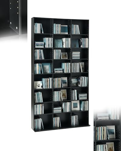 Amveya Porta CD e DVD scaffale con 22 scomparti – ripiani regolabili, antibasculamento, MDF nero – per CD, libri, vinili – libreria autoportante