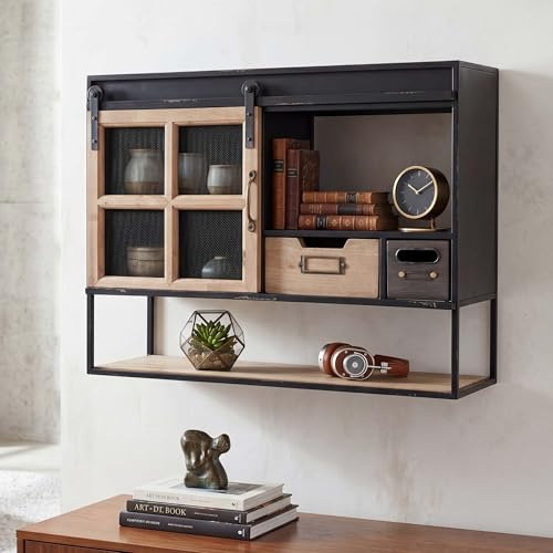 Mendler Étagère Murale HWC-Q79 avec tiroirs et Porte coulissante Bois et métal 52x67x22cm