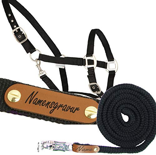 LiLa Pferd Pferde-Halfter-Set mit gravierten Namensschildern Waldhausen Satin Schwarz + Führstrick (Pon)