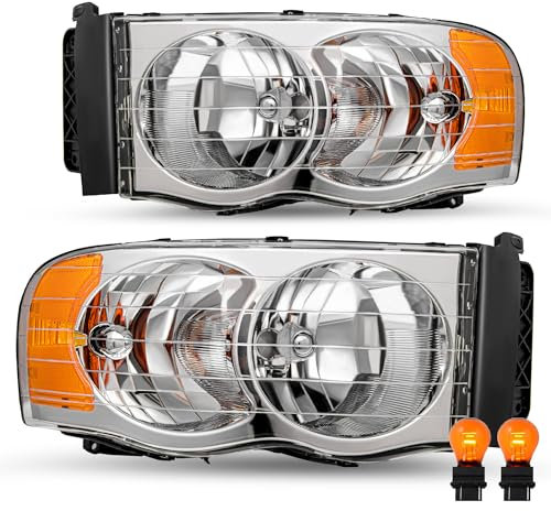 JSBOYAT Scheinwerfer-Montage, kompatibel mit Dodge Ram 1500 Pickup 2002–2005 und Dodge Ram 2500/3500 Pickup Fahrerseite (Chromgehäuse mit bernsteinfarbenem Reflektor)