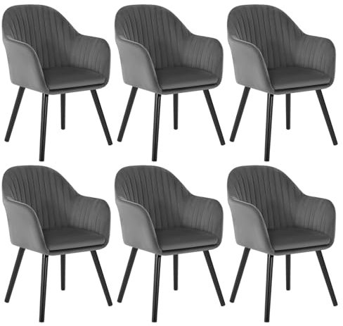 WOLTU Esszimmerstühle 6er Set Küchenstuhl Wohnzimmerstuhl Polsterstuhl Design Stuhl mit Armlehne Samt Massivholz Schwarze Beine Dunkelgrau BH259dgr-6