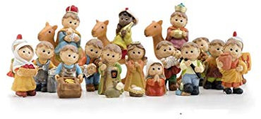 DRW Krippe für Kinder mit König in Kamel, 18 Teile aus Kunstharz, 6 und 9 cm