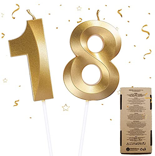 Geburtstag Zahl Kerzen, Zahlenkerze 1 & 8 Glitzer Cake Topper Happy Birthday Gold Geburtstagskerzen Kuchen Deko, Nummer Kerzen 18 Geburtstag Kerzen Kuchen Topper für Hochzeit Jahrestag Party Feier