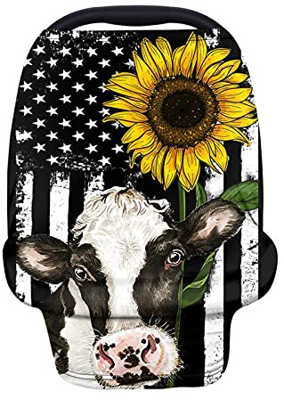 HUIACONG Baby-Autositzbezüge für Mädchen, Sonnenblumen-Kuh-Autositzbezug, Baldachin, Babys, Jungen, amerikanische Flagge, gestreift, Stillbezug zum Stillen, Schal, atmungsaktiv